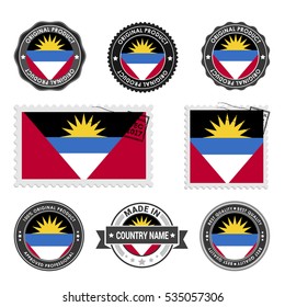 Vector set of made in the Antigua and Barbuda labels. Approved Product, Original Product Stamps label design. country flag air mail stamp, vector illustration