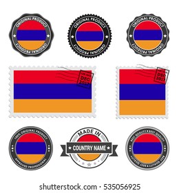 Vector set of made in the Armenia labels. Approved Product, Original Product Stamps label design. country flag air mail stamp, vector illustration