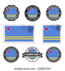 Vector set of made in the Aruba labels. Approved Product, Original Product Stamps label design. country flag air mail stamp, vector illustration