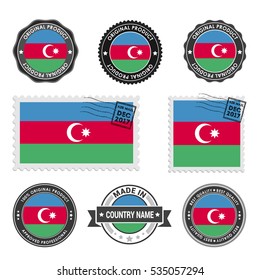 Vector set of made in the Azerbaijan labels. Approved Product, Original Product Stamps label design. country flag air mail stamp, vector illustration