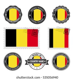 Vector set of made in the Belgium labels. Approved Product, Original Product Stamps label design. country flag air mail stamp, vector illustration