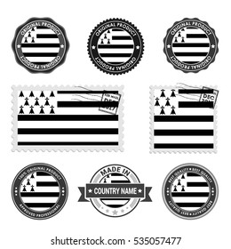 Vector set of made in the Brittany labels. Approved Product, Original Product Stamps label design. country flag air mail stamp, vector illustration