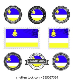 Vector set of made in the Buryatia labels. Approved Product, Original Product Stamps label design. country flag air mail stamp, vector illustration