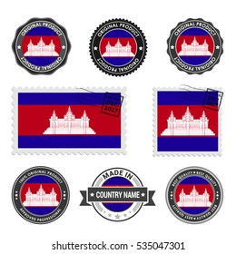 Vector set of made in the Cambodia labels. Approved Product, Original Product Stamps label design. country flag air mail stamp, vector illustration