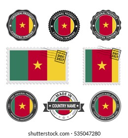 Vector set of made in the Cameroon labels. Approved Product, Original Product Stamps label design. country flag air mail stamp, vector illustration