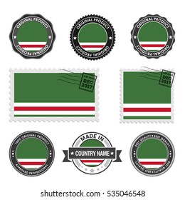 Vector set of made in the Chechen Republic labels. Approved Product, Original Product Stamps label design. country flag air mail stamp, vector illustration