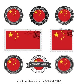 Vector set of made in the China labels. Approved Product, Original Product Stamps label design. country flag air mail stamp, vector illustration