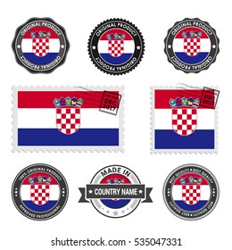 Vector set of made in the Croatia labels. Approved Product, Original Product Stamps label design. country flag air mail stamp, vector illustration