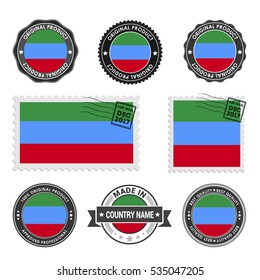 Vector set of made in the Dagestan labels. Approved Product, Original Product Stamps label design. country flag air mail stamp, vector illustration
