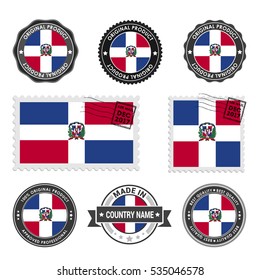 Vector set of made in the Dominican Republic labels. Approved Product, Original Product Stamps label design. country flag air mail stamp, vector illustration