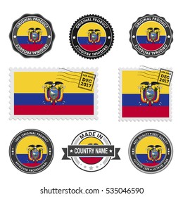 Vector set of made in the Ecuador labels. Approved Product, Original Product Stamps label design. country flag air mail stamp, vector illustration