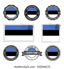 Vector set of made in the Estonia labels. Approved Product, Original Product Stamps label design. country flag air mail stamp, vector illustration