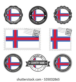 Vector set of made in the Faroe Islands labels. Approved Product, Original Product Stamps label design. country flag air mail stamp, vector illustration