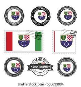 Vector set of made in the Federation Bosnia and Herzegovina labels. Approved Product, Original Product Stamps label design. country flag air mail stamp, vector illustration