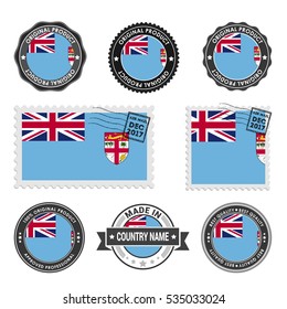 Vector set of made in the Fiji labels. Approved Product, Original Product Stamps label design. country flag air mail stamp, vector illustration