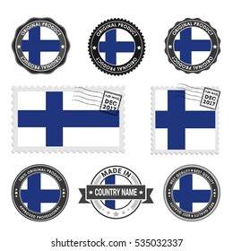Vector set of made in the Finland labels. Approved Product, Original Product Stamps label design. country flag air mail stamp, vector illustration