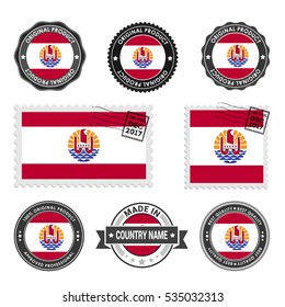 Vector set of made in the French Polynesia labels. Approved Product, Original Product Stamps label design. country flag air mail stamp, vector illustration