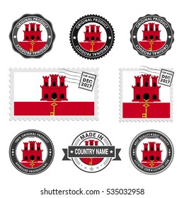 Vector set of made in the Gibraltar labels. Approved Product, Original Product Stamps label design. country flag air mail stamp, vector illustration