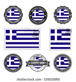 Vector set of made in the Greece labels. Approved Product, Original Product Stamps label design. country flag air mail stamp, vector illustration