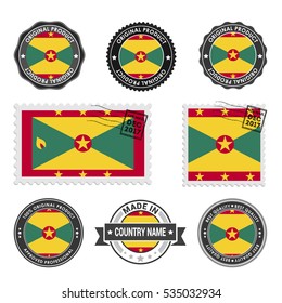 Vector set of made in the Grenada labels. Approved Product, Original Product Stamps label design. country flag air mail stamp, vector illustration