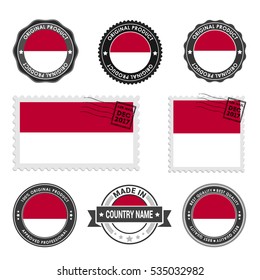 Vector set of made in the Indonesia labels. Approved Product, Original Product Stamps label design. country flag air mail stamp, vector illustration