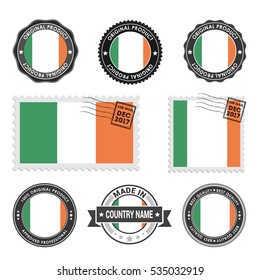 Vector set of made in the Ireland labels. Approved Product, Original Product Stamps label design. country flag air mail stamp, vector illustration