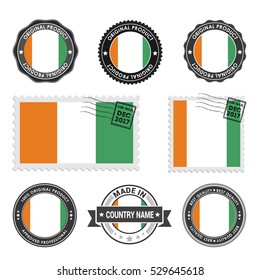 Vector set of made in the Ivory Coast labels. Approved Product, Original Product Stamps label design. country flag air mail stamp, vector illustration
