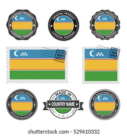 Vector set of made in the Karakalpakstan labels. Approved Product, Original Product Stamps label design. country flag air mail stamp, vector illustration