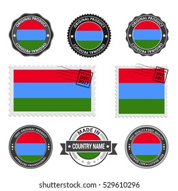 Vector set of made in the Karelia labels. Approved Product, Original Product Stamps label design. country flag air mail stamp, vector illustration
