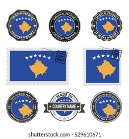 Vector set of made in the Kosovo labels. Approved Product, Original Product Stamps label design. country flag air mail stamp, vector illustration