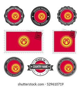 Vector set of made in the Kyrgyzstan labels. Approved Product, Original Product Stamps label design. country flag air mail stamp, vector illustration