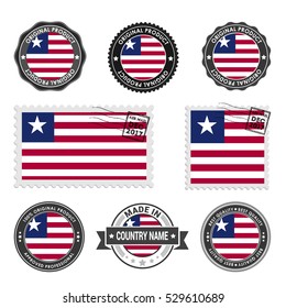 Vector set of made in the Liberia labels. Approved Product, Original Product Stamps label design. country flag air mail stamp, vector illustration