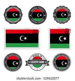 Vector set of made in the Libya labels. Approved Product, Original Product Stamps label design. country flag air mail stamp, vector illustration