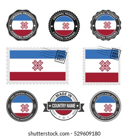 Vector set of made in the Mari-El labels. Approved Product, Original Product Stamps label design. country flag air mail stamp, vector illustration
