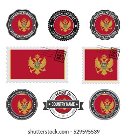 Vector set of made in the Montenegro labels. Approved Product, Original Product Stamps label design. country flag air mail stamp, vector illustration
