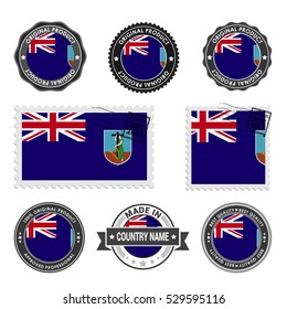 Vector set of made in the Montserrat labels. Approved Product, Original Product Stamps label design. country flag air mail stamp, vector illustration