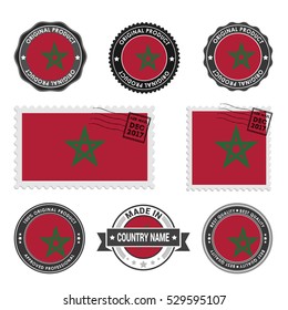 Vector set of made in the Morocco labels. Approved Product, Original Product Stamps label design. country flag air mail stamp, vector illustration