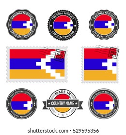 Vector set of made in the Nagorno Karabakh Republic labels. Approved Product, Original Product Stamps label design. country flag air mail stamp, vector illustration