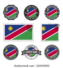 Vector set of made in the Namibia labels. Approved Product, Original Product Stamps label design. country flag air mail stamp, vector illustration