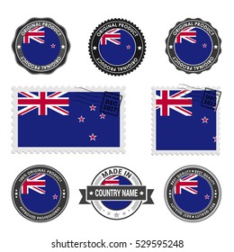 Vector set of made in the New Zealand labels. Approved Product, Original Product Stamps label design. country flag air mail stamp, vector illustration