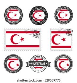 Vector set of made in the Northern Cyprus labels. Approved Product, Original Product Stamps label design. country flag air mail stamp, vector illustration