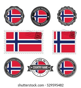 Vector set of made in the Norway labels. Approved Product, Original Product Stamps label design. country flag air mail stamp, vector illustration