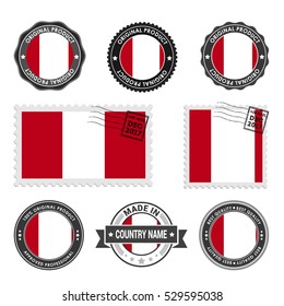 Vector set of made in the Peru labels. Approved Product, Original Product Stamps label design. country flag air mail stamp, vector illustration