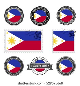 Vector set of made in the Phillipines labels. Approved Product, Original Product Stamps label design. country flag air mail stamp, vector illustration