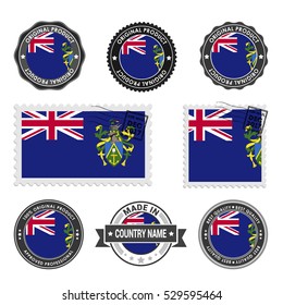 Vector set of made in the Pitcairn Islnand labels. Approved Product, Original Product Stamps label design. country flag air mail stamp, vector illustration