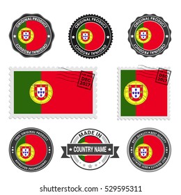 Vector set of made in the Portugal labels. Approved Product, Original Product Stamps label design. country flag air mail stamp, vector illustration