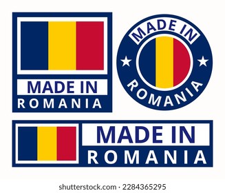 Conjunto de vectores fabricado en Rumanía etiquetas de productos de diseño iconos de negocios ilustración