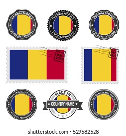 Vector set of made in the Romania labels. Approved Product, Original Product Stamps label design. country flag air mail stamp, vector illustration
