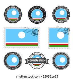 Vector set of made in the Sakha Republic labels. Approved Product, Original Product Stamps label design. country flag air mail stamp, vector illustration
