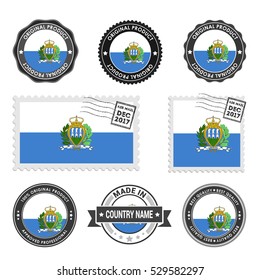 Vector set of made in the San Marino labels. Approved Product, Original Product Stamps label design. country flag air mail stamp, vector illustration
